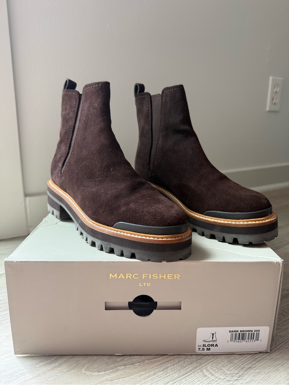 Marc Fisher Dark Brown Suede Lug Chelsea Booties